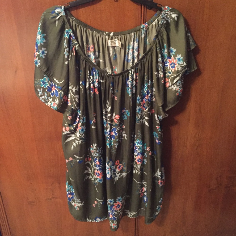 Terra & Sky Green Floral Blouse 2X
